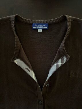 Burberry Blue Label Chocolate Brown 3/4 Sleeves Cardigan with Hidden Check Trim